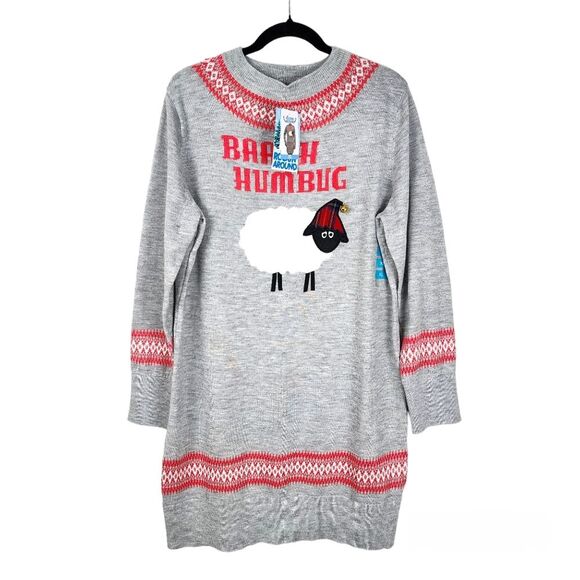 Rockin Around Ugly Sweater Christmas Dress Sweater Sheep Bell Gray Red Nordic XL - Picture 1 of 15